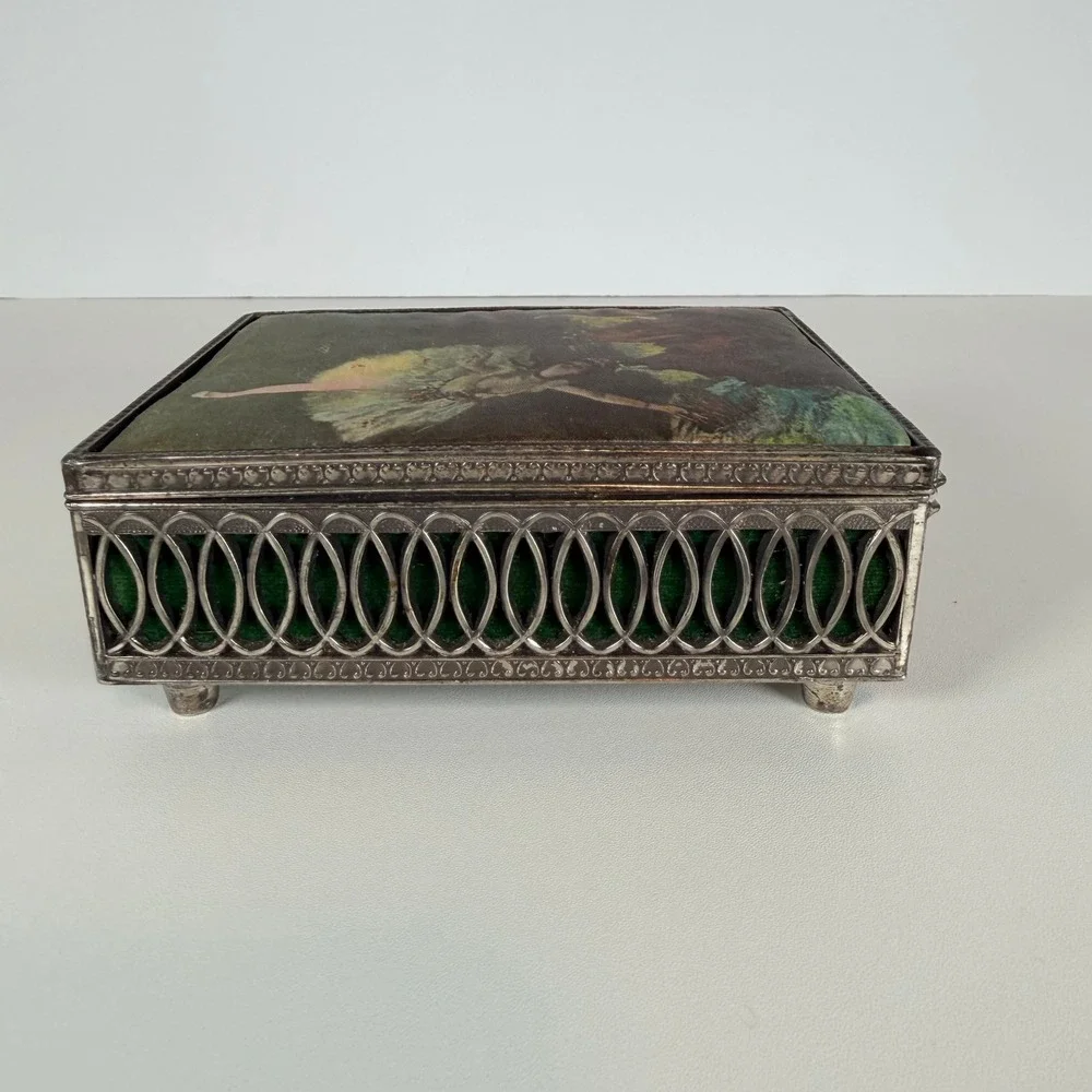 Trinket Box with Ballerina Ornate Silver Tone w/ Hinged Lid‎ jewel tone green